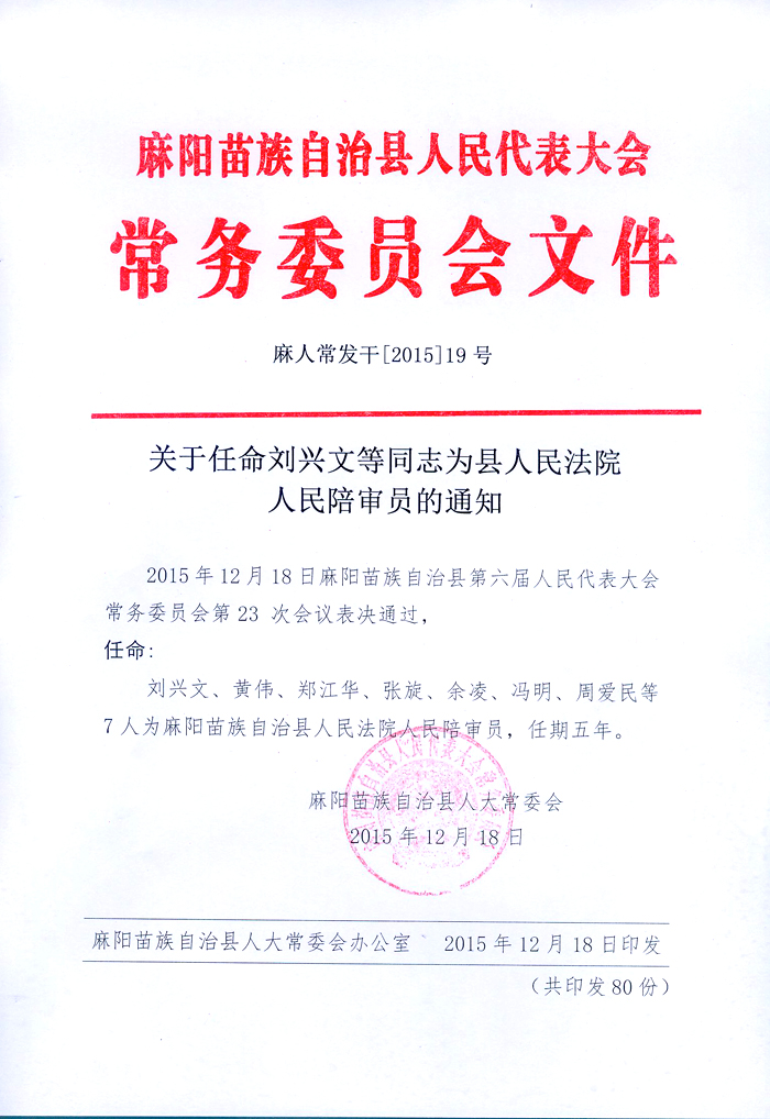 关于任命刘兴文等同志为县人民法院人民陪审员的通知
